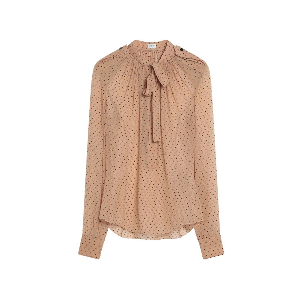 SAINT LAURENT Beige Polka Dot Silk Blouse-1