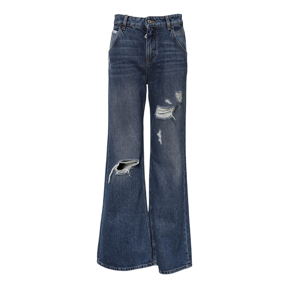 Dolce & Gabbana Blue Cotton Wide Leg Tattered Denim Jeans-1
