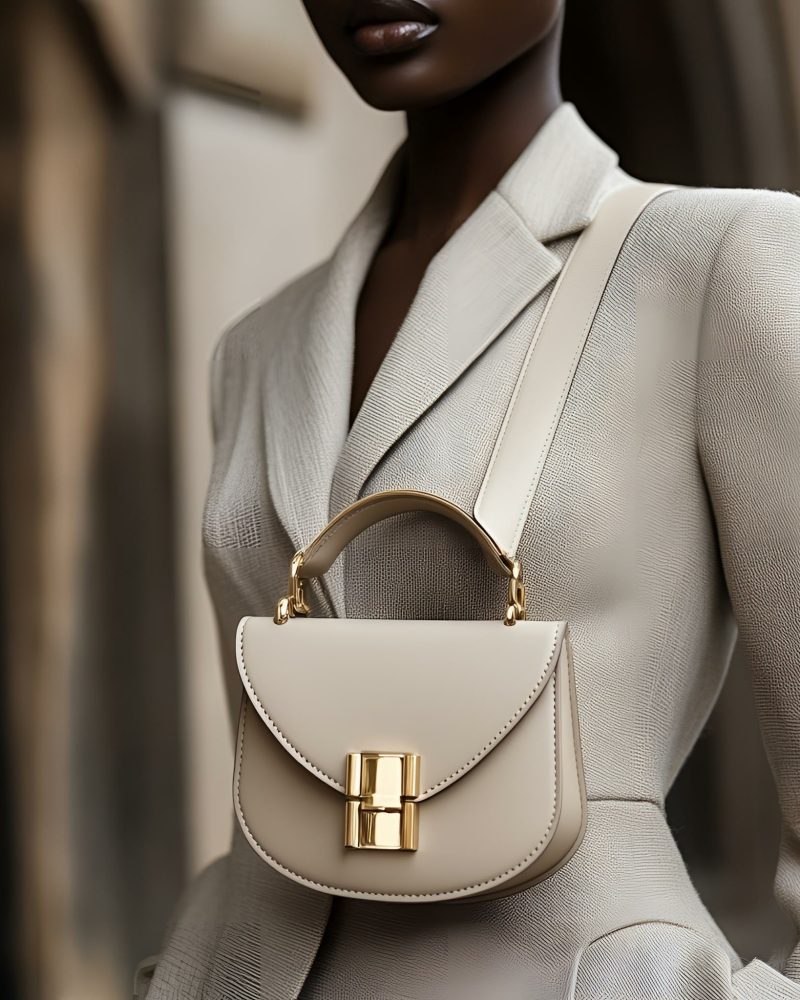 Elegant Beige Handbag Fashion Accessory with Stylish Blazer on Model in Urban Setting.